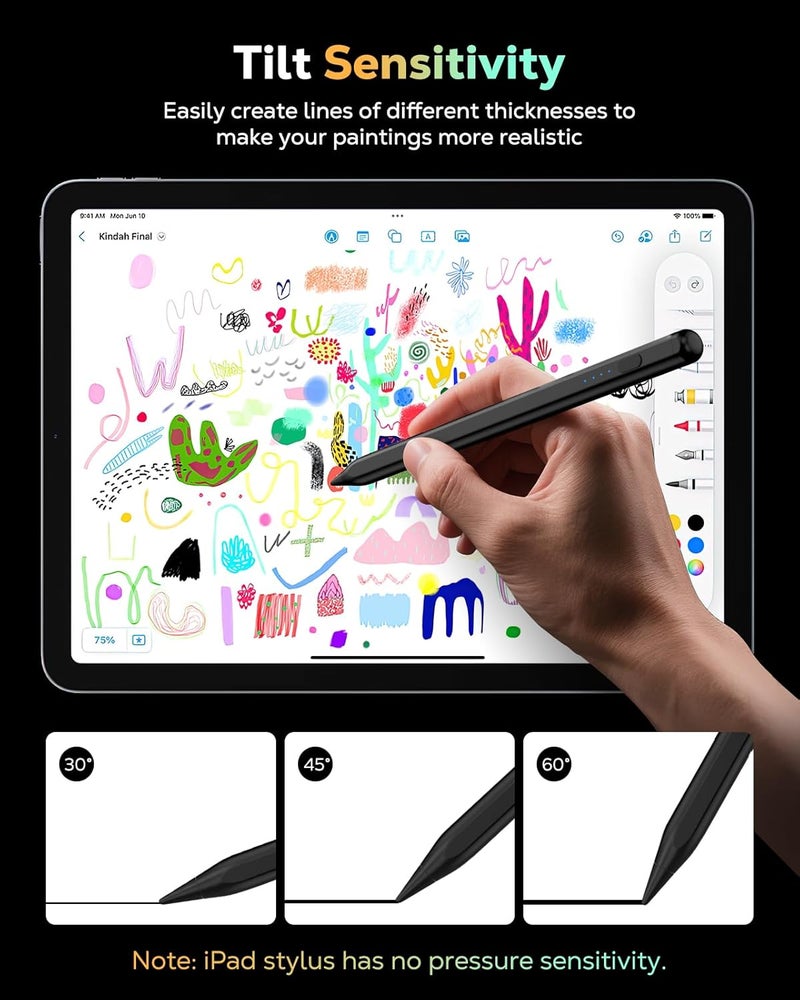 MoKo Pencil for iPad (A16) 11th 10th Gen, Stylus Pen for 2018-2025 Apple iPad 11/10/9/8/7/6/A16, Mini 7/6/5, Air M3/M2 11"/13"/5/4/3, Pro M4 13"/12.9"/11" Tilt Sensitivity, USB-C Fast Charging,Black - Image 3